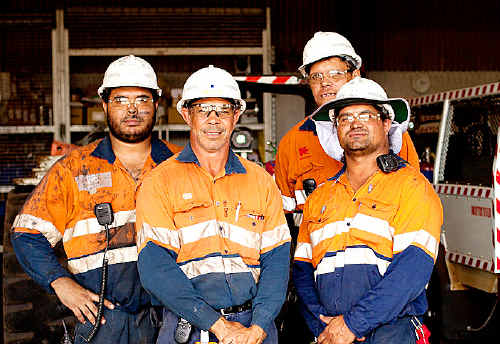 BACK TO COUNTRY: Malcolm Brown, Darryn Nimock, Harrison Blair and Matthew Malone have come to work at Kestrel Mine. cont BACK TO COUNTRY: Malcolm Brown, Darryn Nimock, Harrison Blair and Matthew Malone have come to work at Kestrel Mine. cont